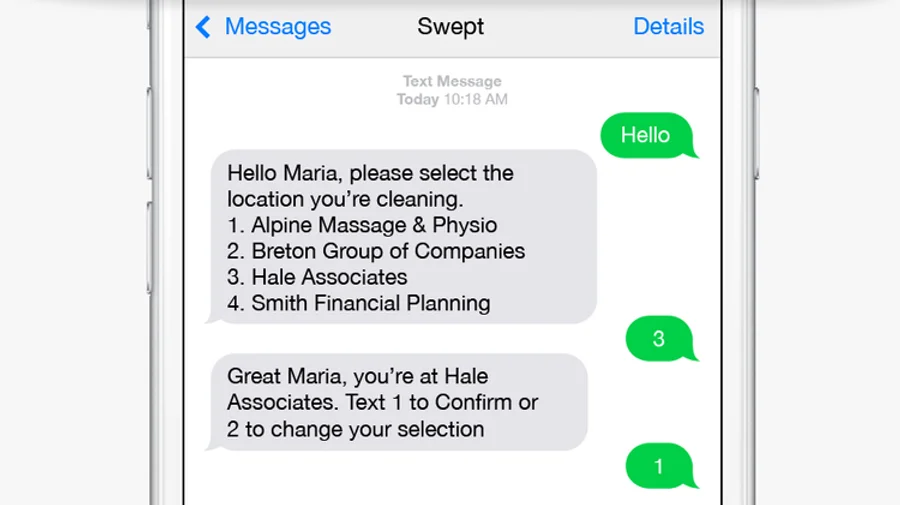 text from SWEPT boss to worker Maria